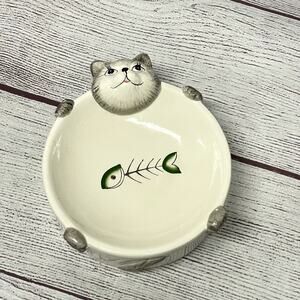 Ceramic Sleeping Cat Bowl with Fish Bone - 3D Sculpted Pet Food Dish 7"